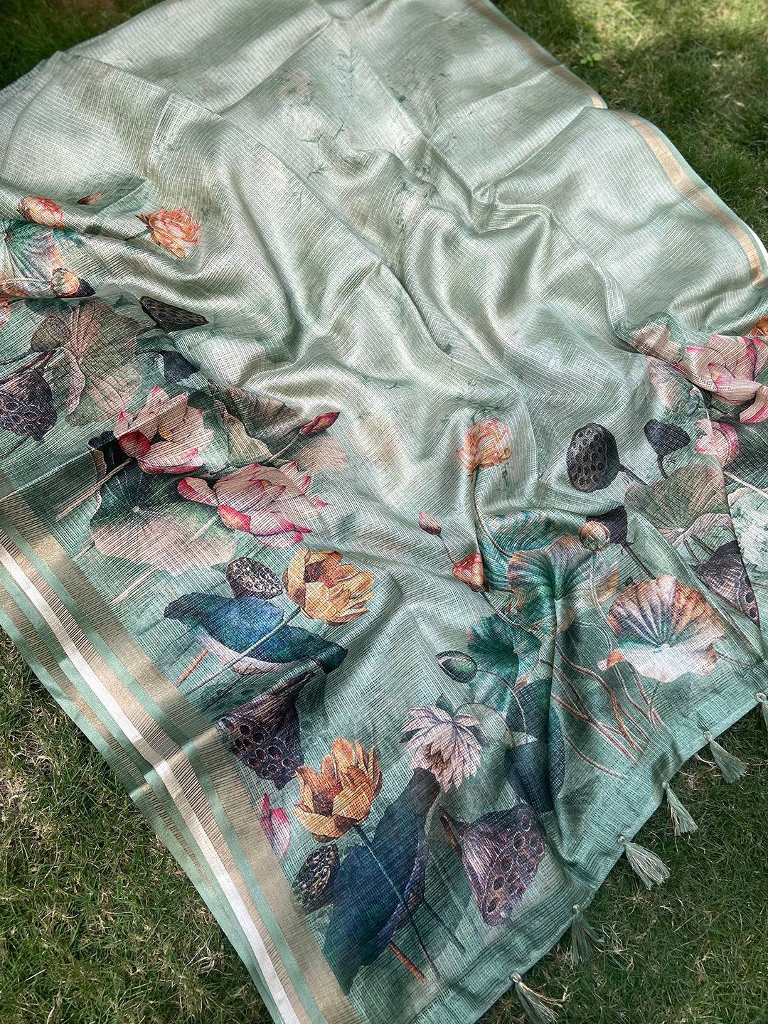 Soft Kota Doriya Silk Saree With Flower Prints & Rich Pallu