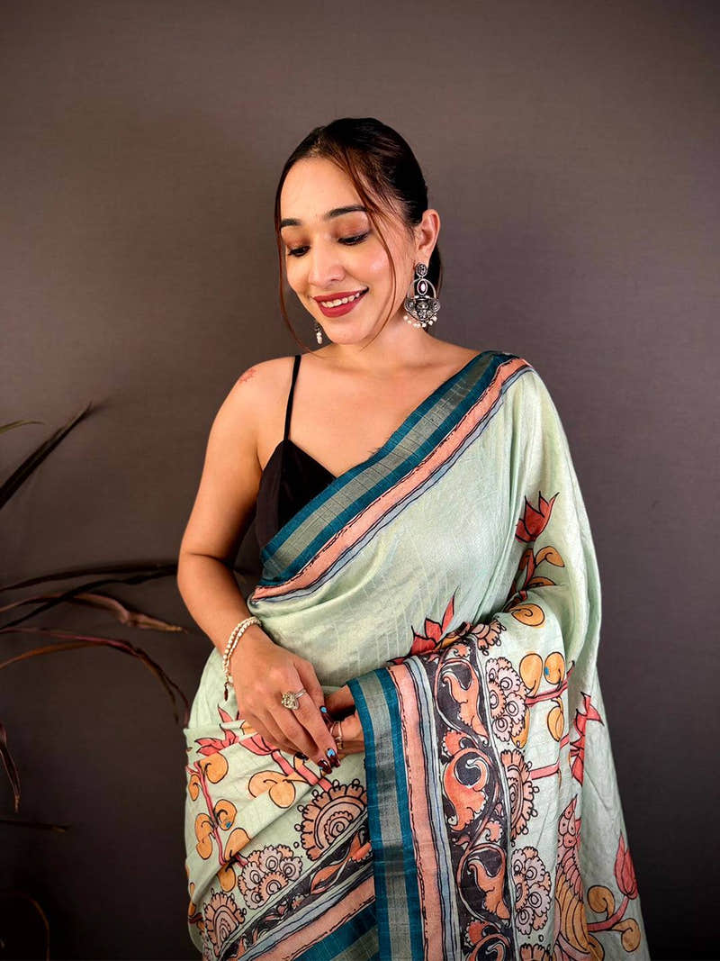 Regal Kalamkari Lotus Tussar Saree