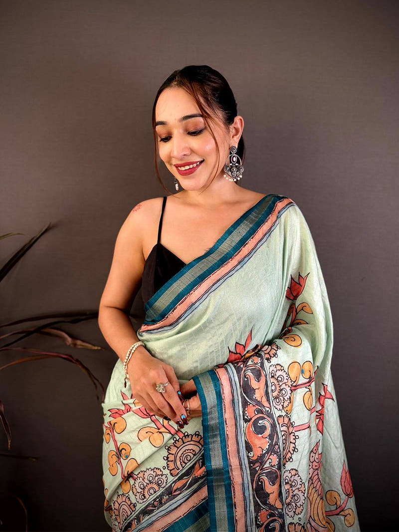 Regal Kalamkari Lotus Tussar Saree