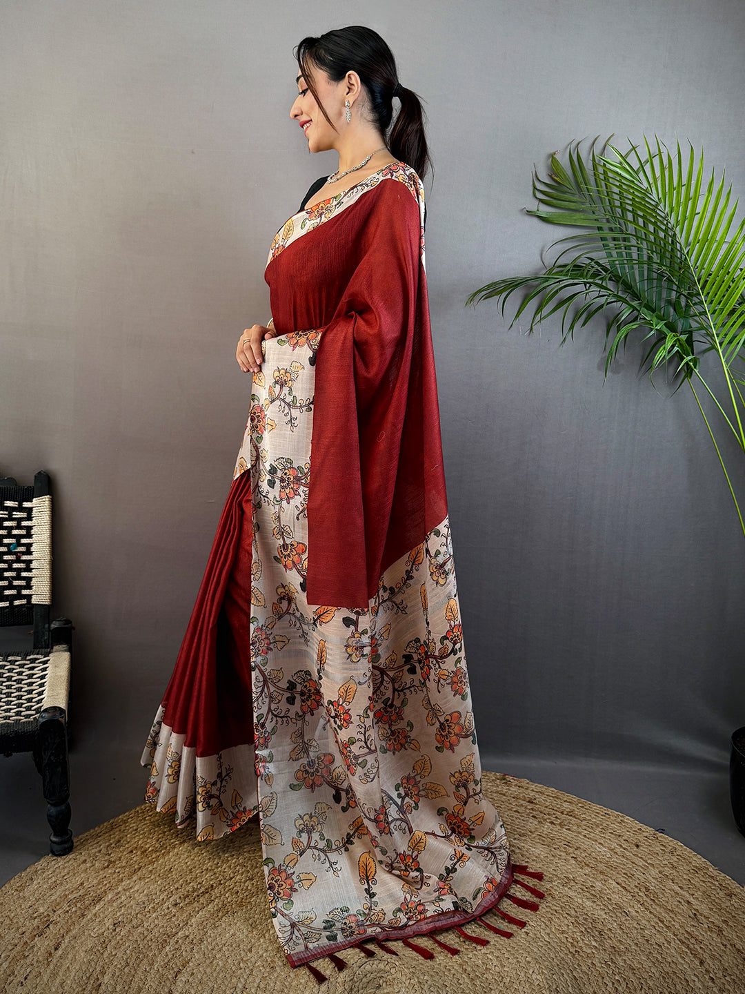 Maroon Linen Kalamkari Print Saree
