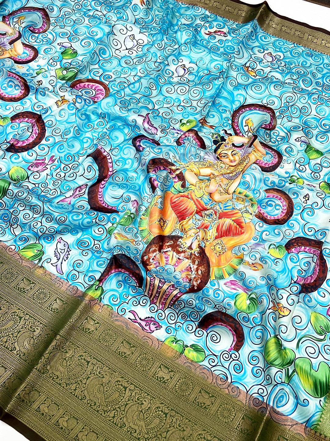 Aqua Banarasi Silk Kalamkari Saree