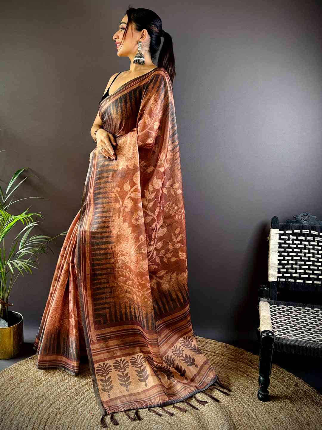 Coffee Brown Floral Stripes Tissue Saree