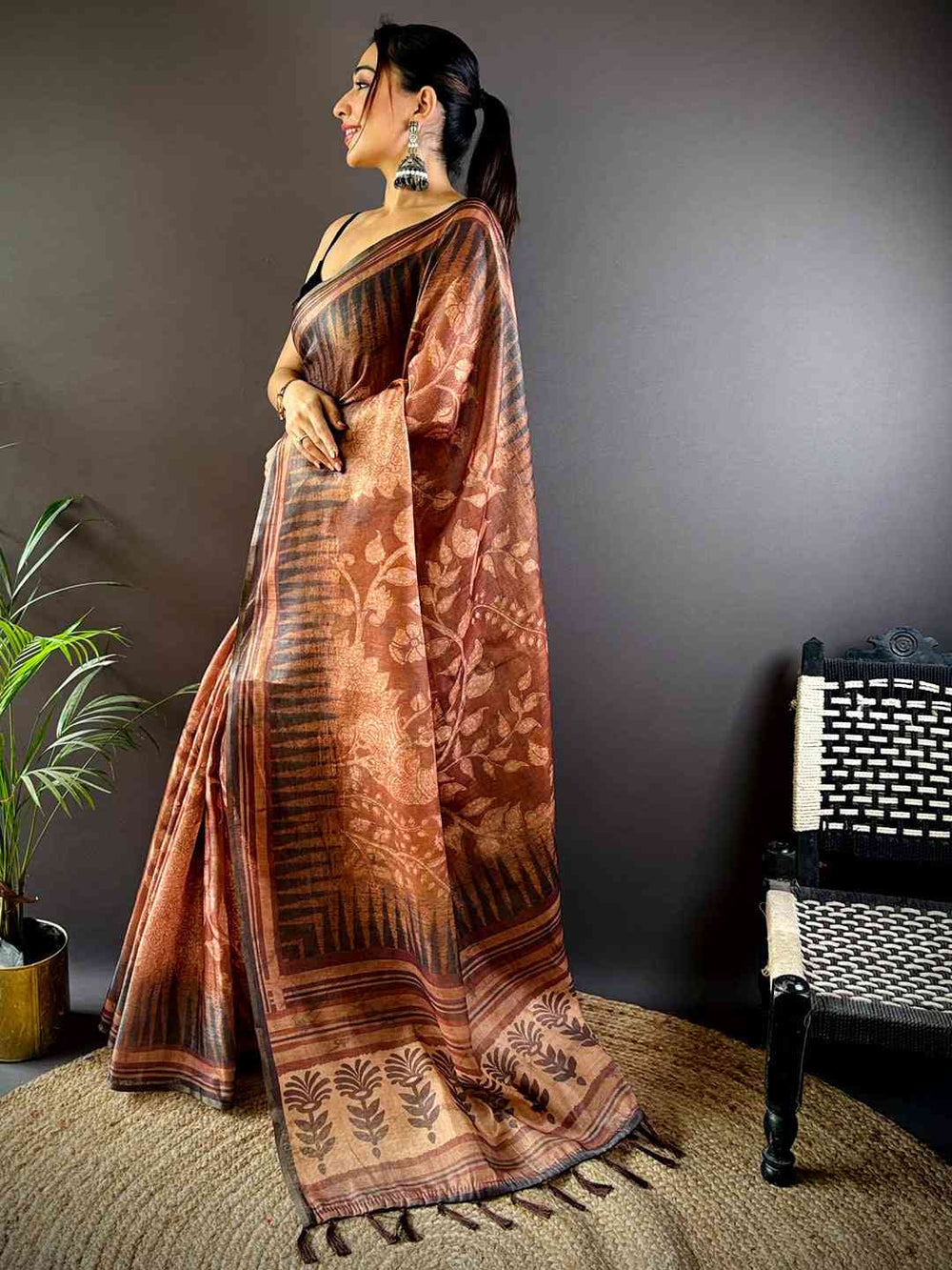 Coffee Brown Floral Stripes Tissue Saree