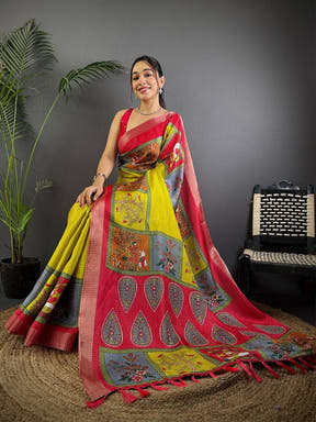 Olive Pure Viscose Kalalmkari Print Saree