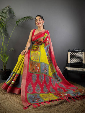 Olive Pure Viscose Kalalmkari Print Saree