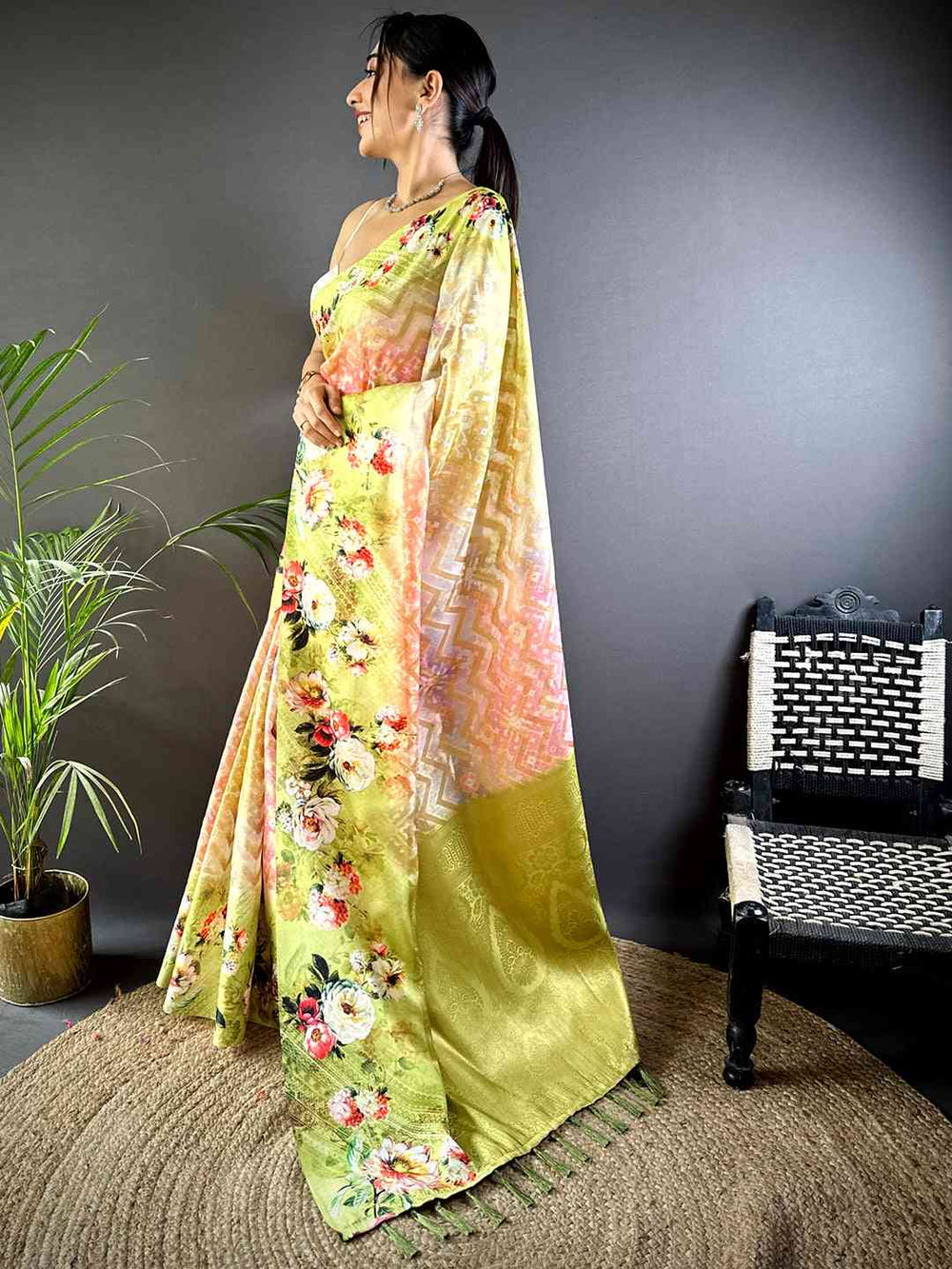 Lime Green Zari Zigzag Kota Doriya Saree