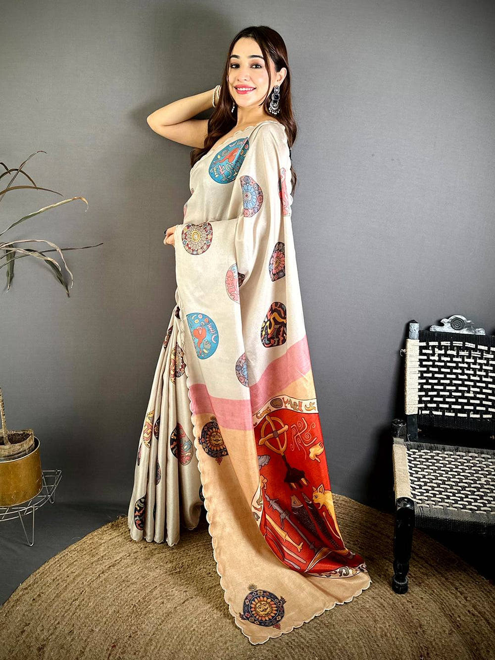 Radiant Tussar Kalamkari Cutwork Saree