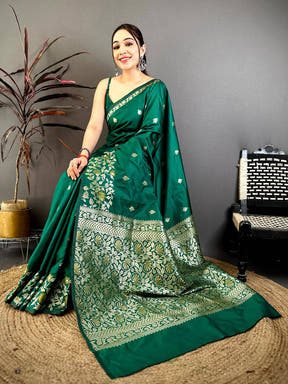 Emerald green soft silk Kanjivaram saree with intricate gold zari embroidery