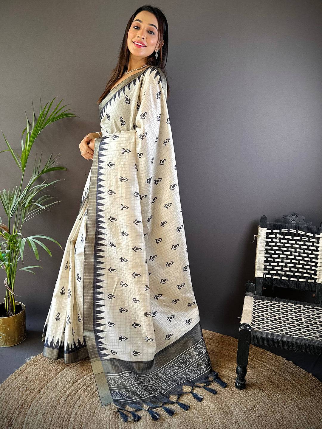 White Ikkat Zigzag Saree