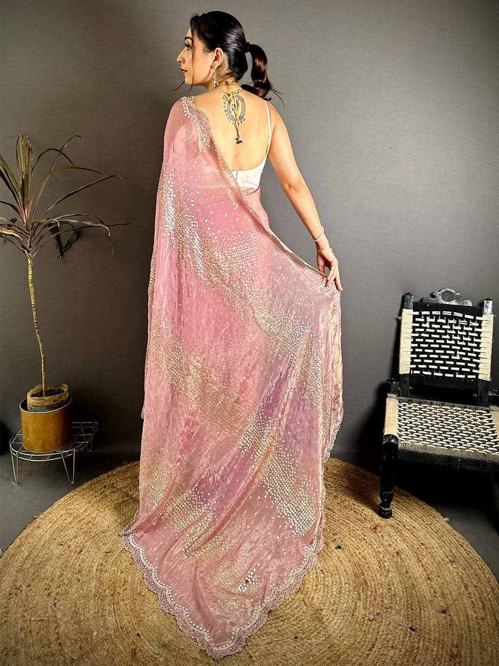 Pink Hotfix Sequin Diamond Zarkon Saree