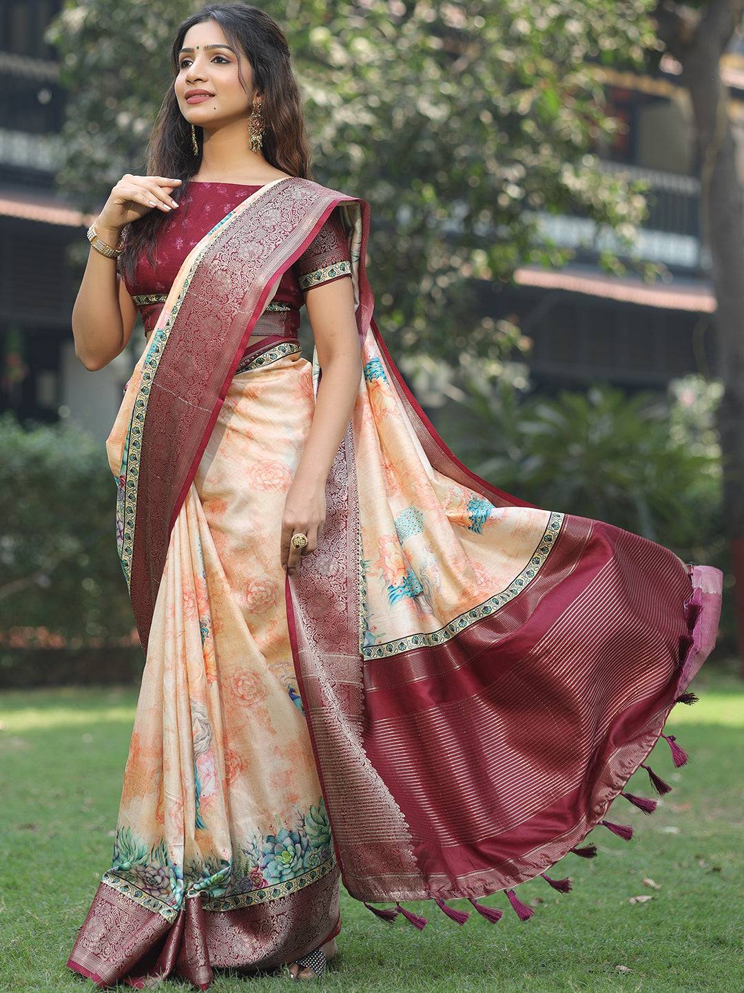Peach Colour Phulkari Design Zari Weaving Pallu Saree