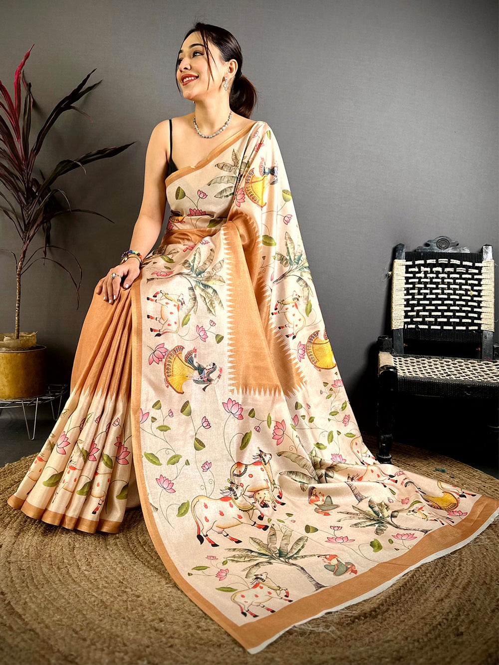 Stylish Pichwai Border Semi Tussar Saree