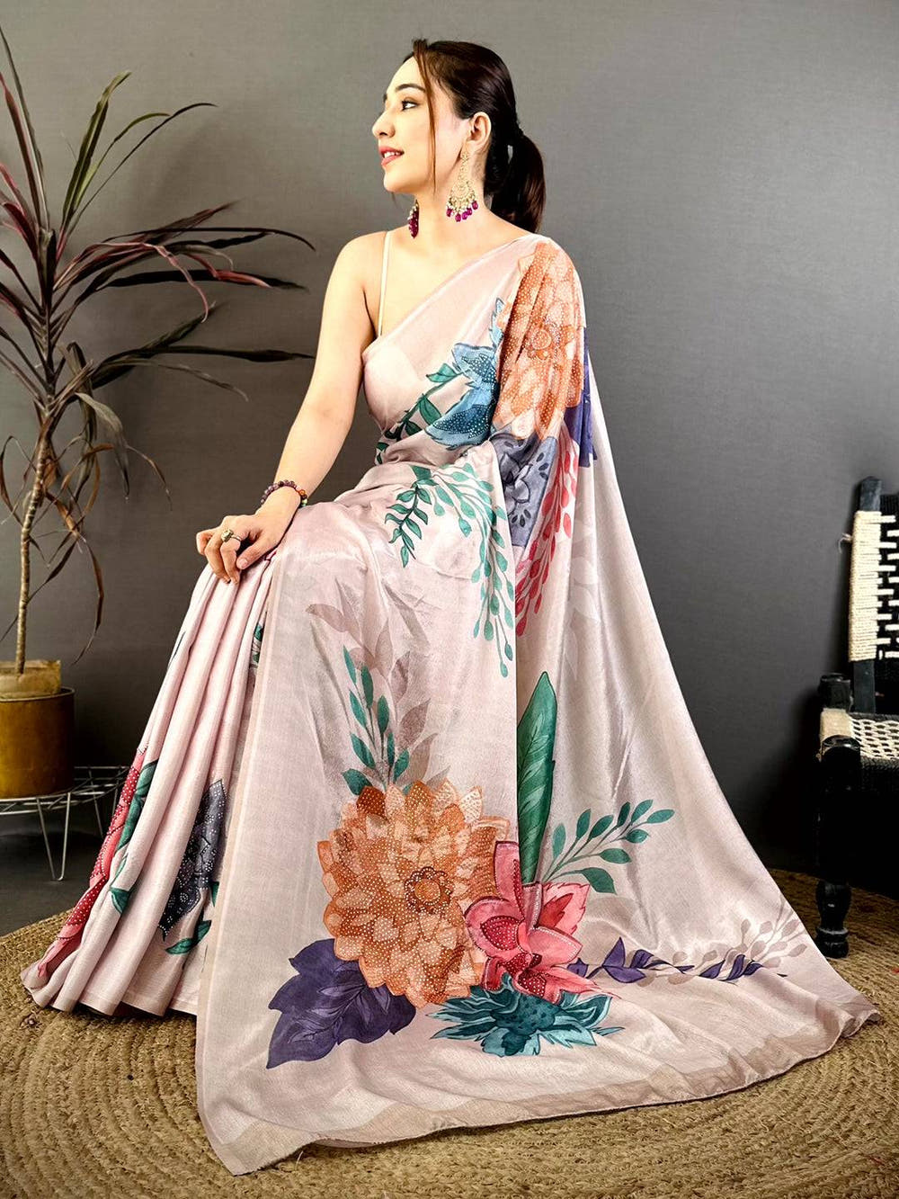 Lavender Soft Chiffon Floral Stone Work Saree