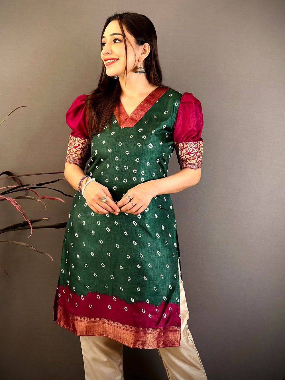 Green Soft Dola Silk V Neck Kurti
