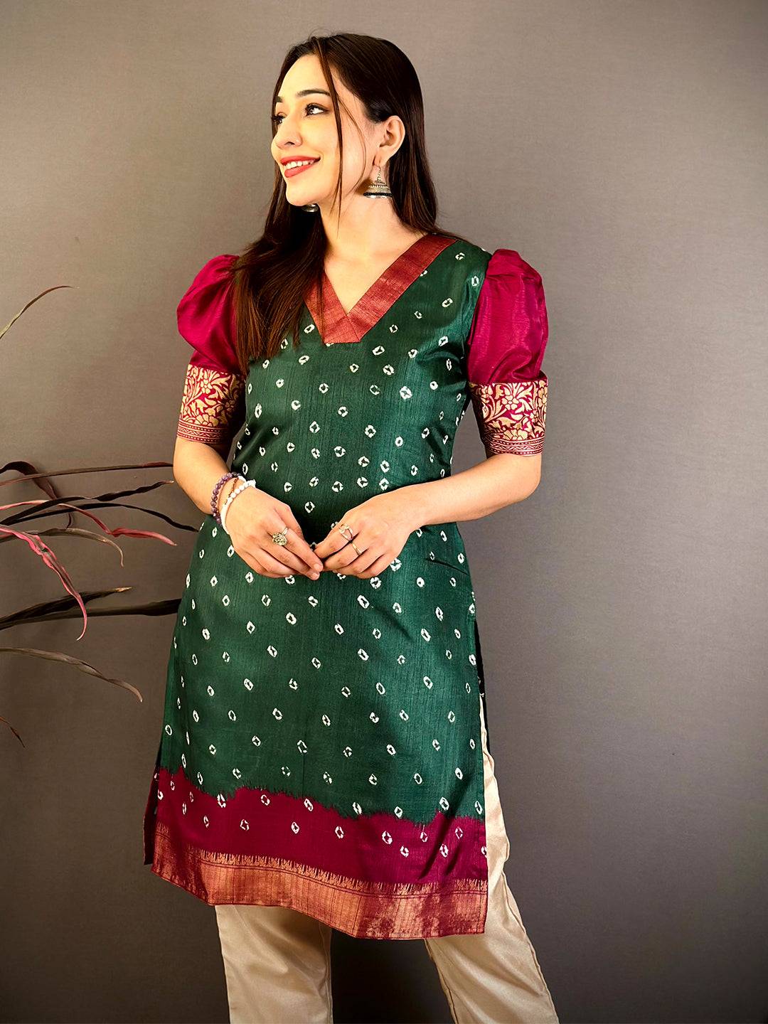 Green Soft Dola Silk V Neck Kurti