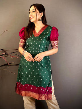 Green Soft Dola Silk V Neck Kurti