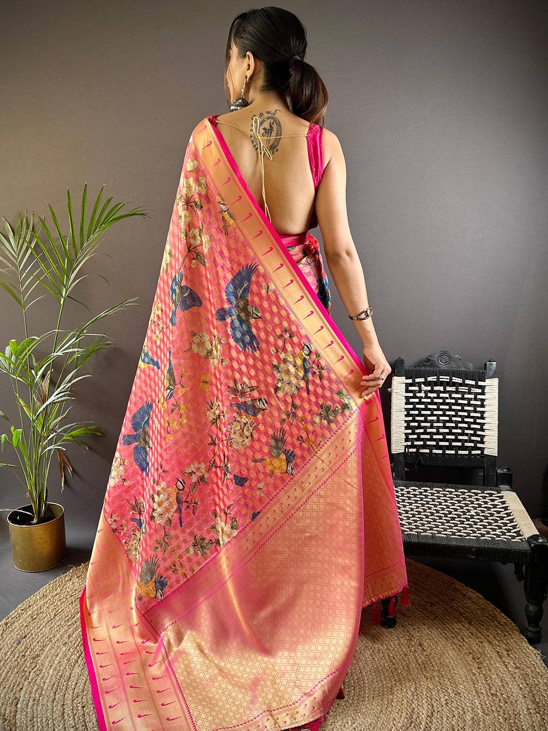 Pink Floral Paithani Kora Silk Saree