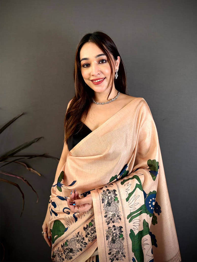 Radiant Peach Printed Soft Tussar Saree