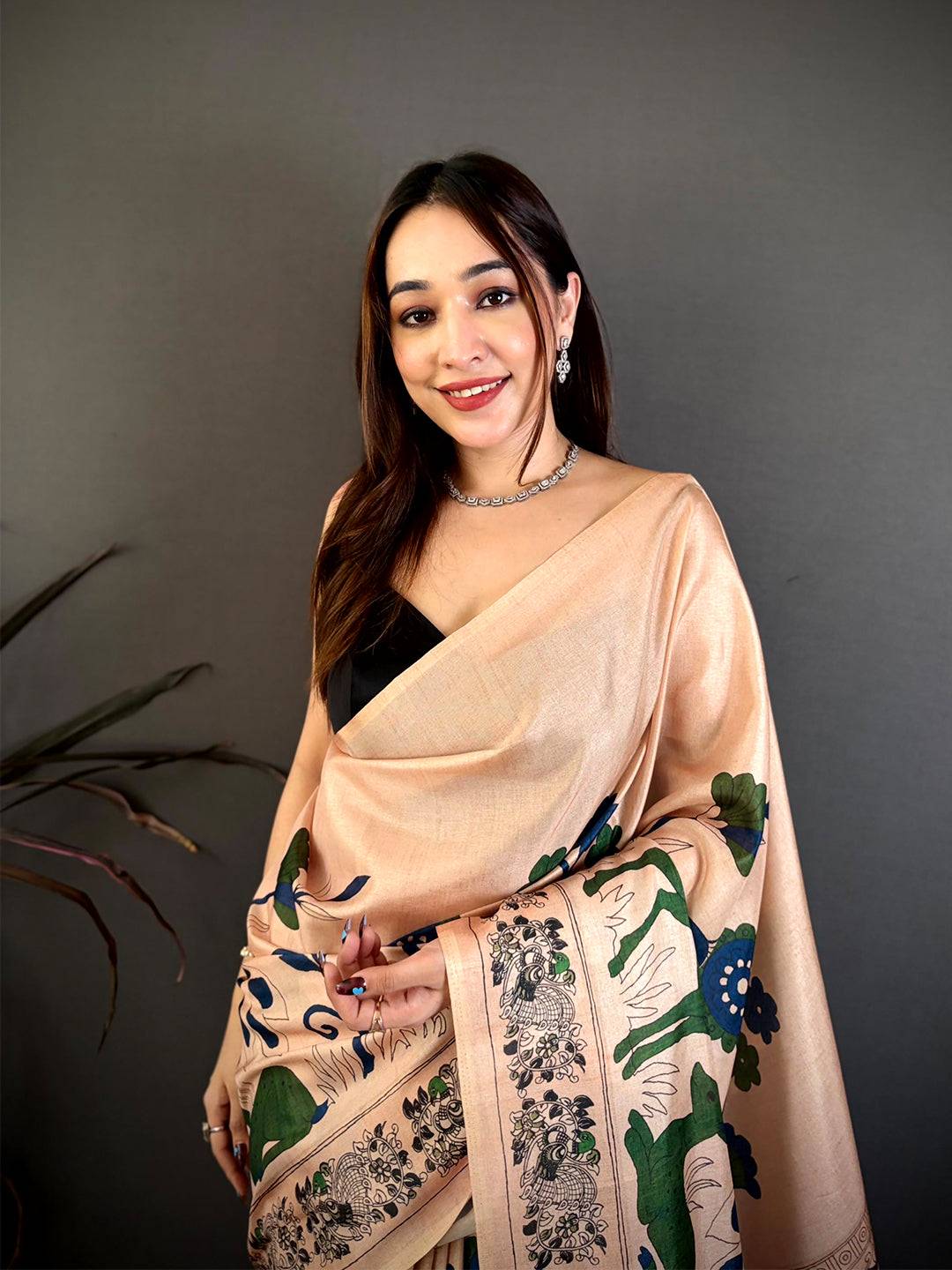 Radiant Peach Printed Soft Tussar Saree