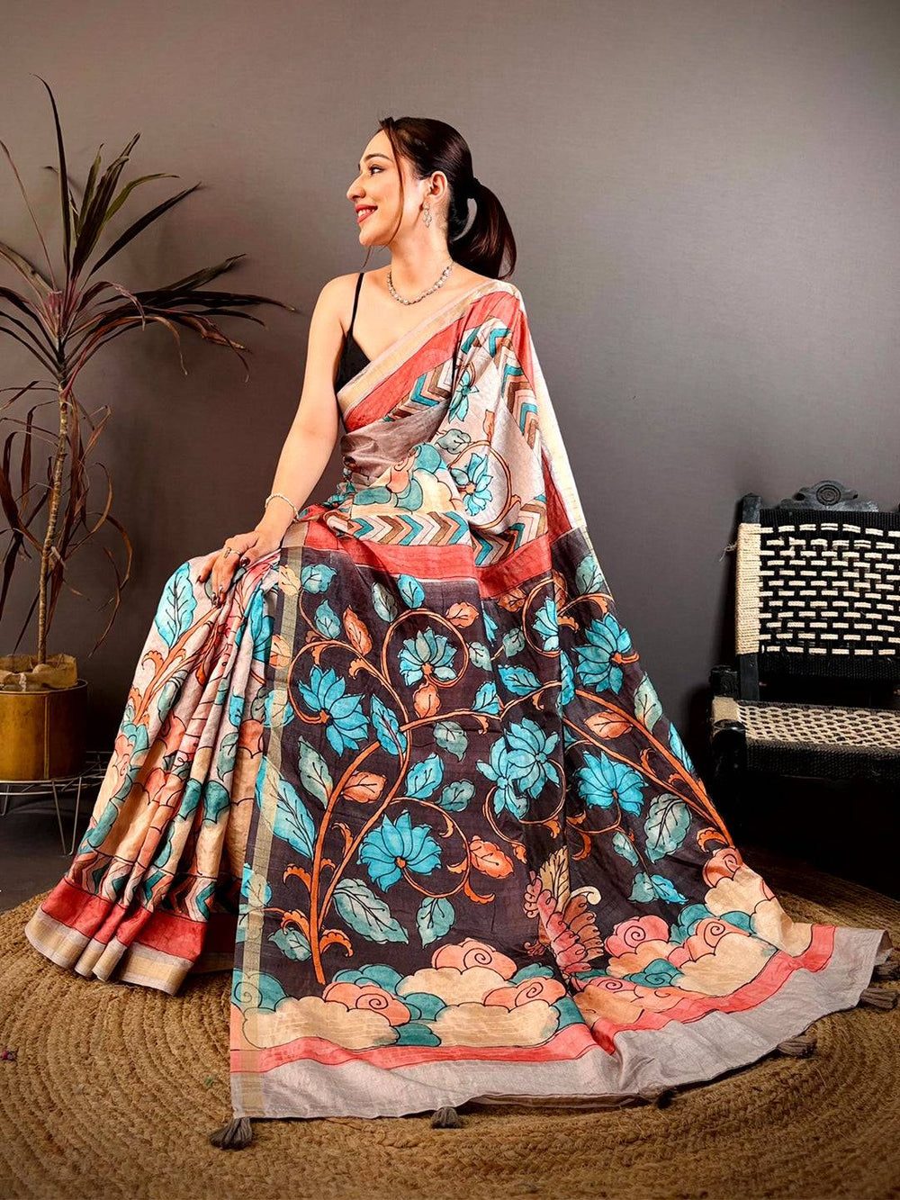 Classic Pen Kalamkari Ghicha Tussar Saree