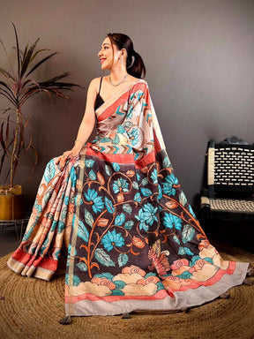 Classic Pen Kalamkari Ghicha Tussar Saree