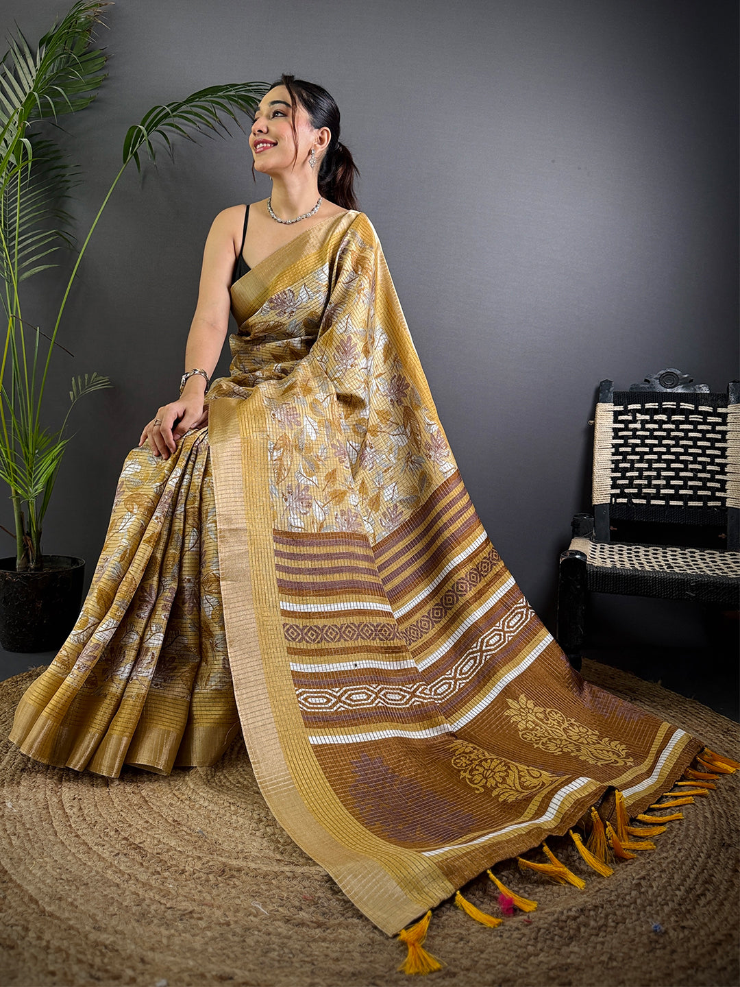 Mustard Tussar Chex Floral Print Saree