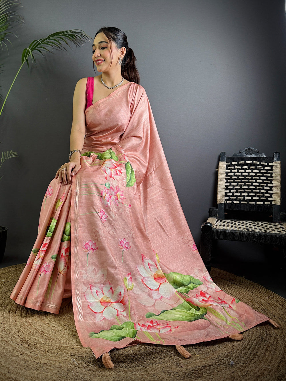 Baby Pink Pichwai Print Tussar Silk Saree