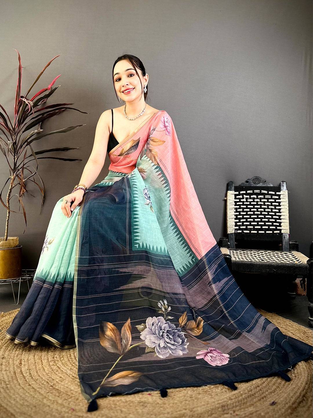 Elegant Floral Linen Chanderi Saree
