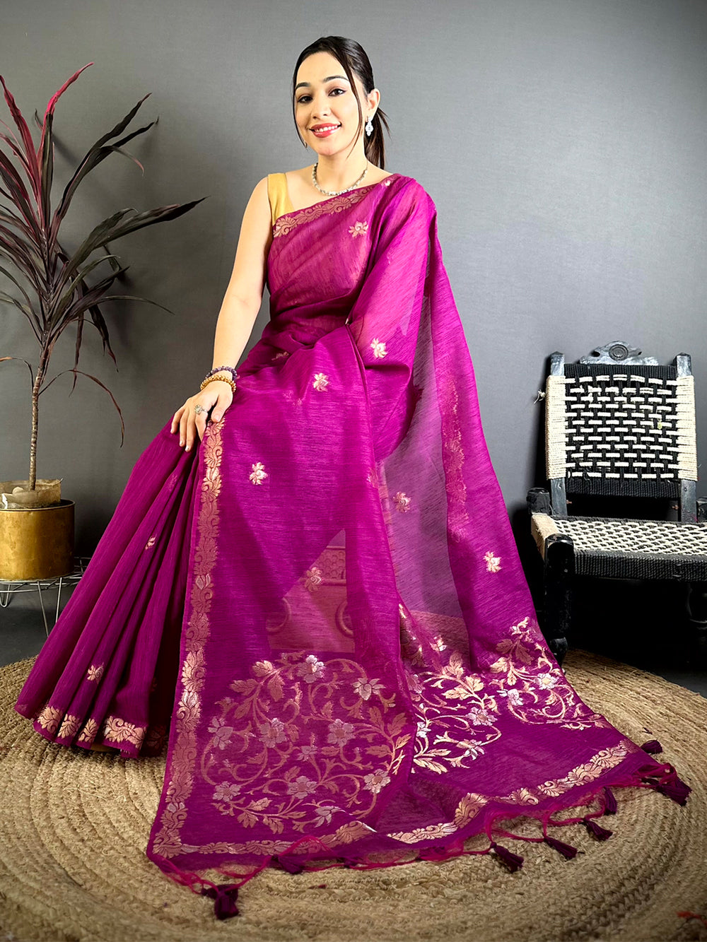 Wine Sona Chandi Muga Cotton Saree