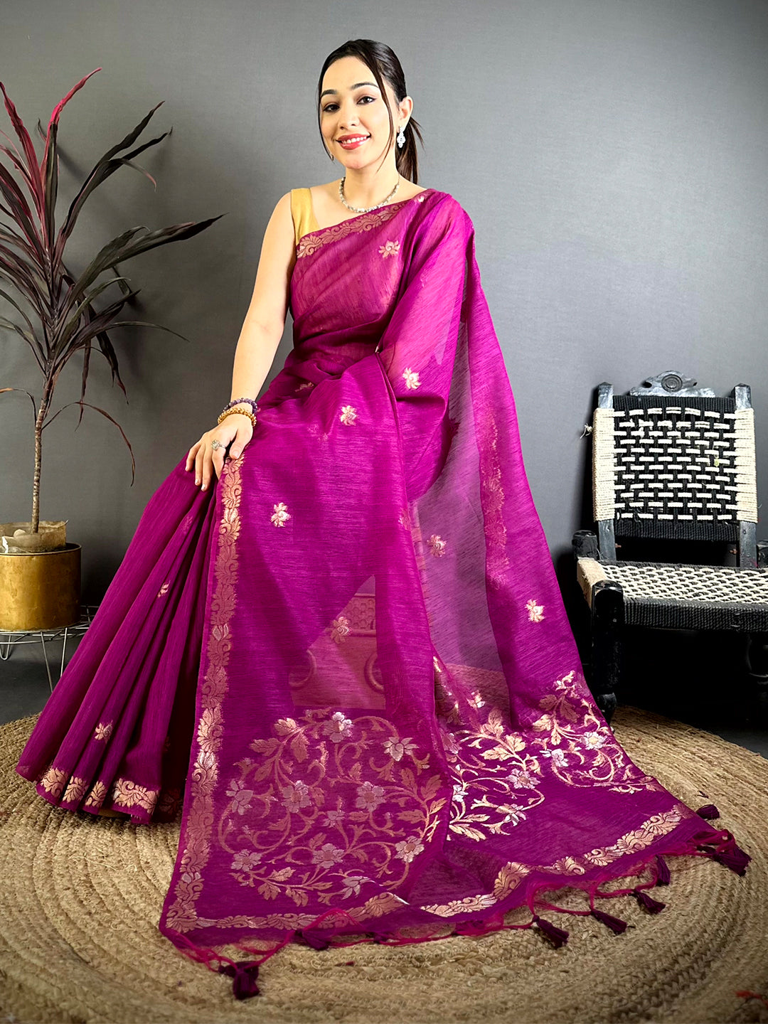 Wine Sona Chandi Muga Cotton Saree