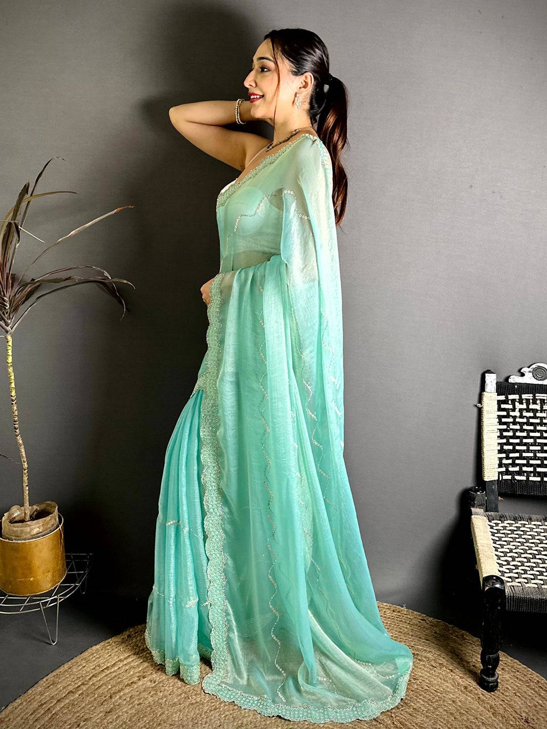 Sky Blue Pearl Stone Chiffon Satin Saree