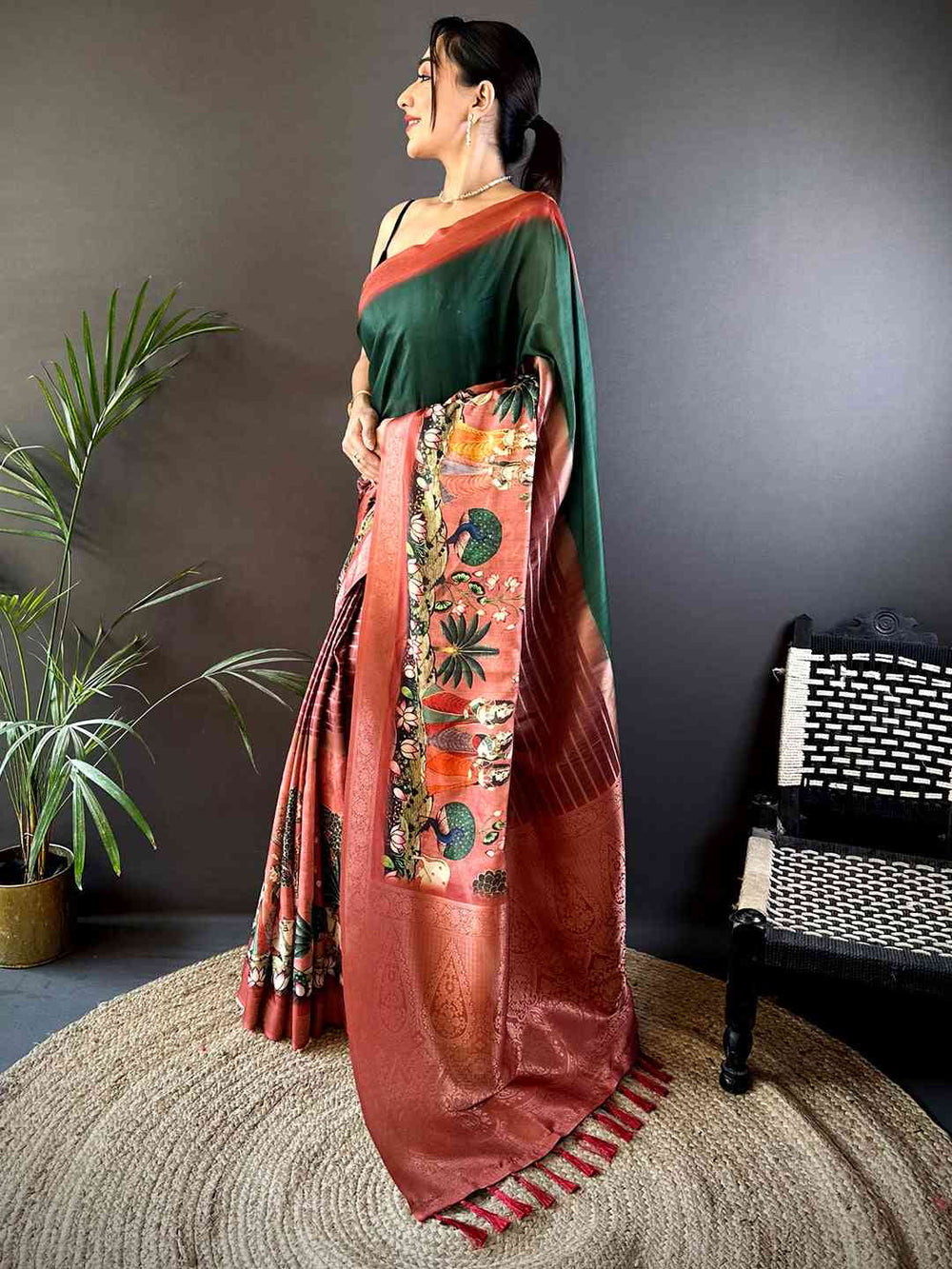 Green Soft Silk Placement Digital Print Saree