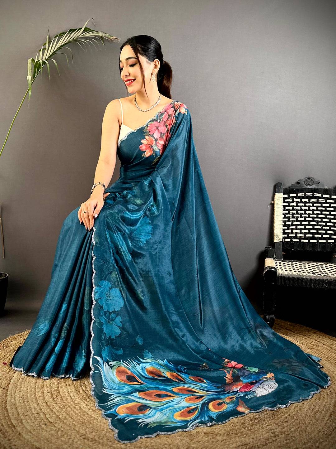 Teal Chinnon Stone Work Floral Saree
