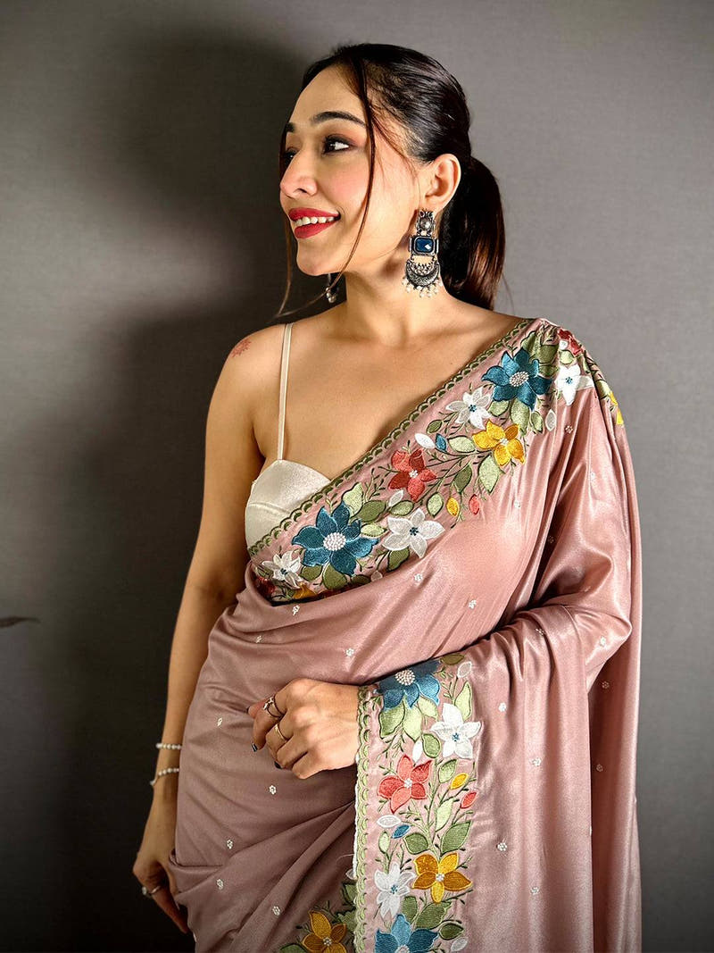 Opulent Floral Embroidered Border Saree