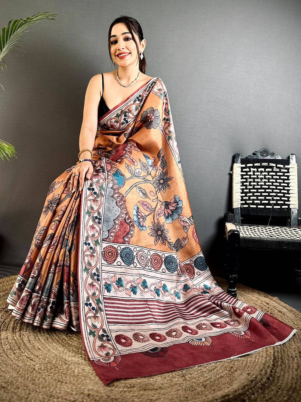 Radiant Dark Floral Soft Tussar Saree