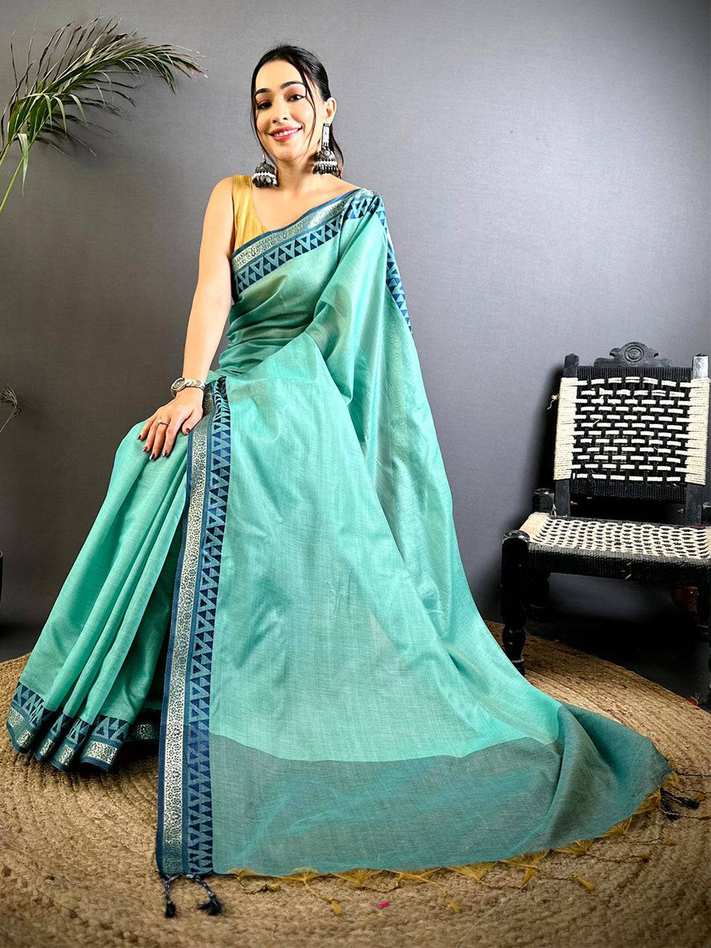 Pure Sky Blue Cotton Linen Saree