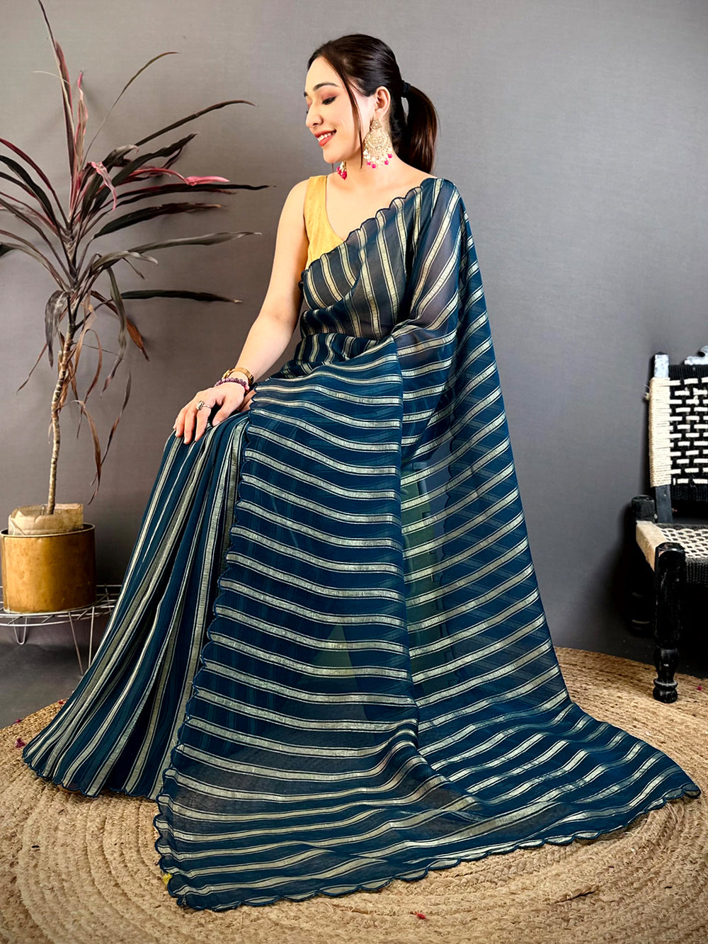 Navy Gold Zari Stripe Chiffon Saree