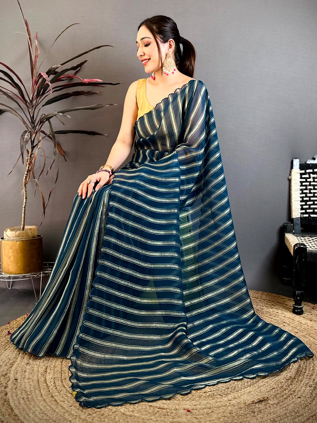 Navy Gold Zari Stripe Chiffon Saree
