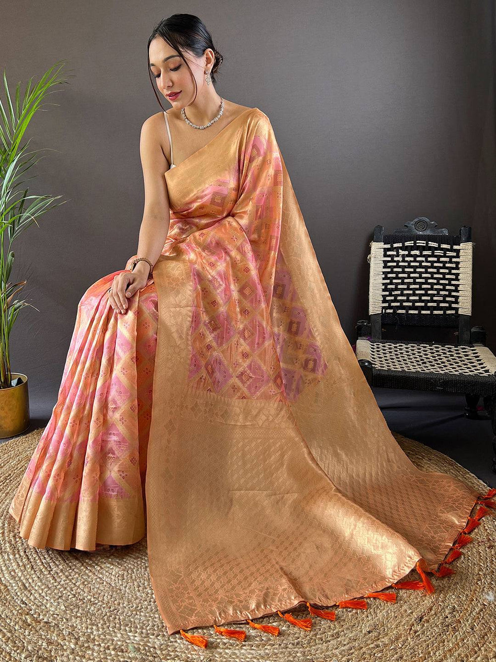 Seated model in Carnation Pink Colour Block Print Banarasi Saree