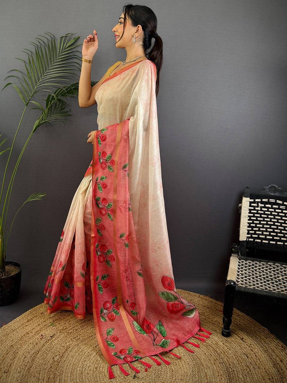 Red Linen Chanderi Floral Print Saree