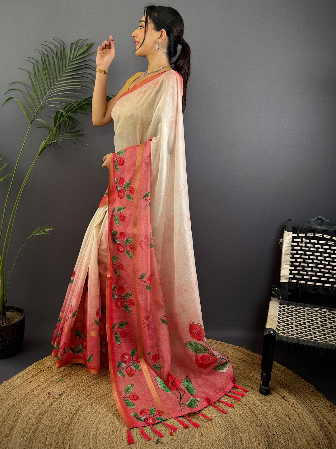 Red Linen Chanderi Floral Print Saree