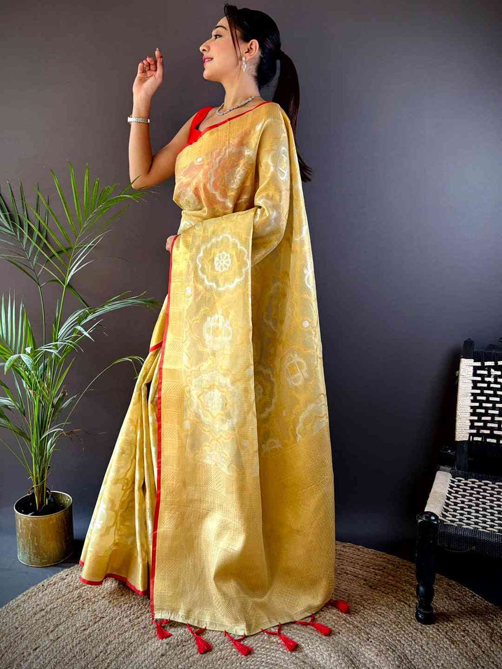 Minakari Floral Saree With Red Tassels