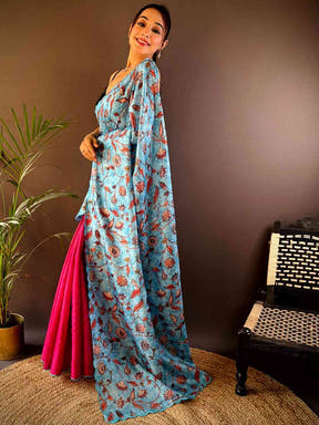 Blue Kota Doriya Kalamkari Saree