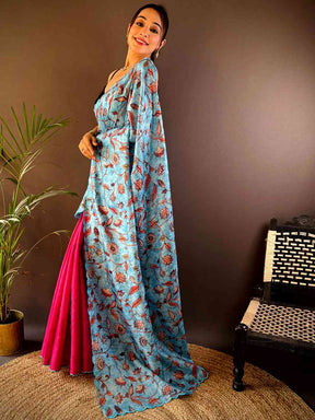 Blue Kota Doriya Kalamkari Saree