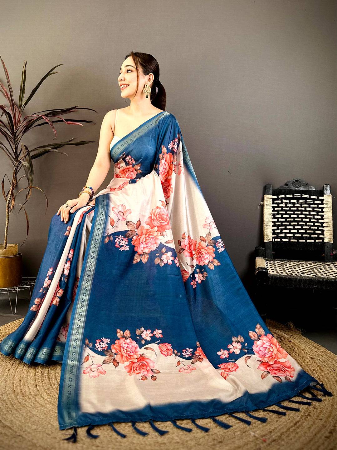 Blue Soft Silk Floral Lehriya Print Saree