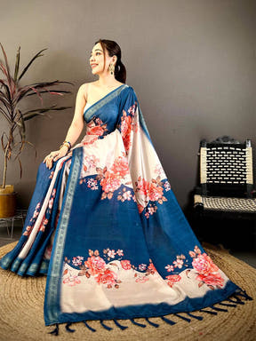Blue Soft Silk Floral Lehriya Print Saree