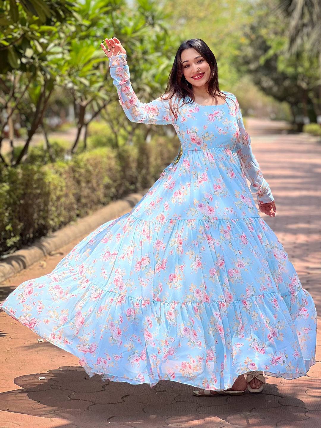 Sky Beauty Floral Printed Dress twirling outdoors