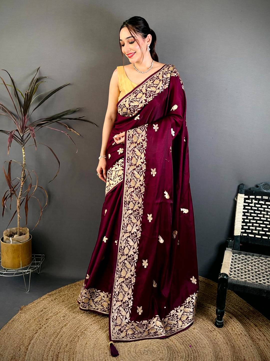 Wine Aari Bird Work Soft Satin Saree