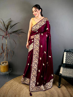 Wine Aari Bird Work Soft Satin Saree