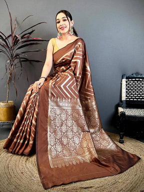 Brown Geometric Zari Weave Banarasi Saree